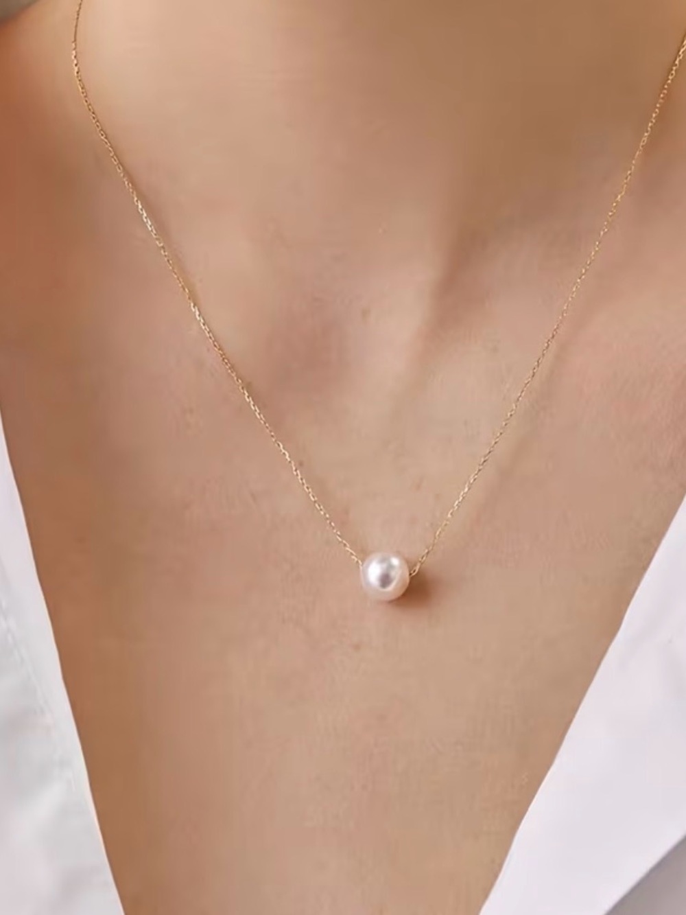 Gold Chain Necklace with Single White Pearl Pendant